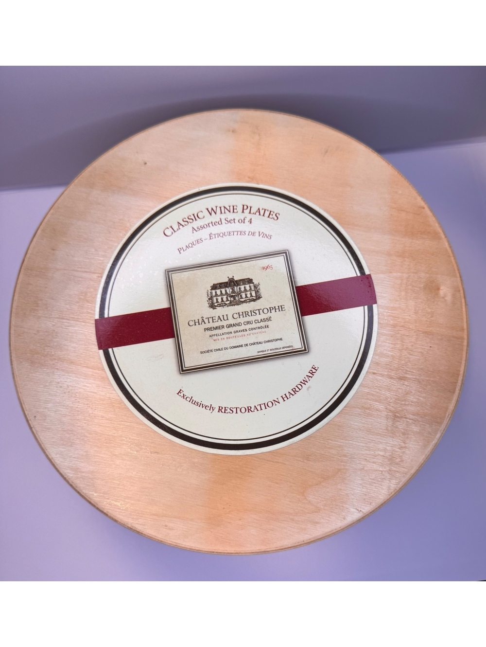4 Classic Wine Plates by Restoration Hardware with Wooden Storage Box